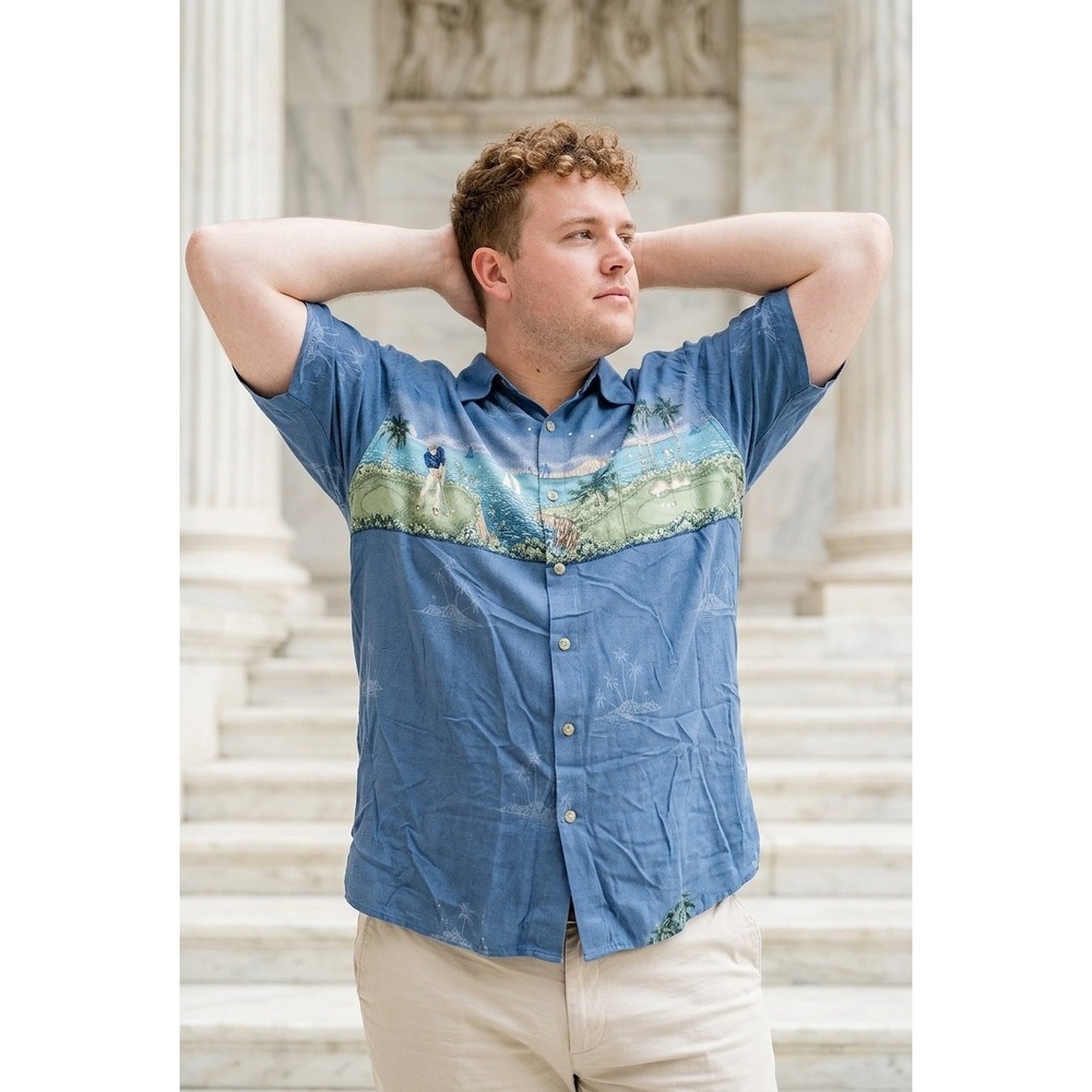 Pierre Cardin Mens XXL Blue‎ Rayon Tropical Golf Scenic Print Short Sleeve Shirt